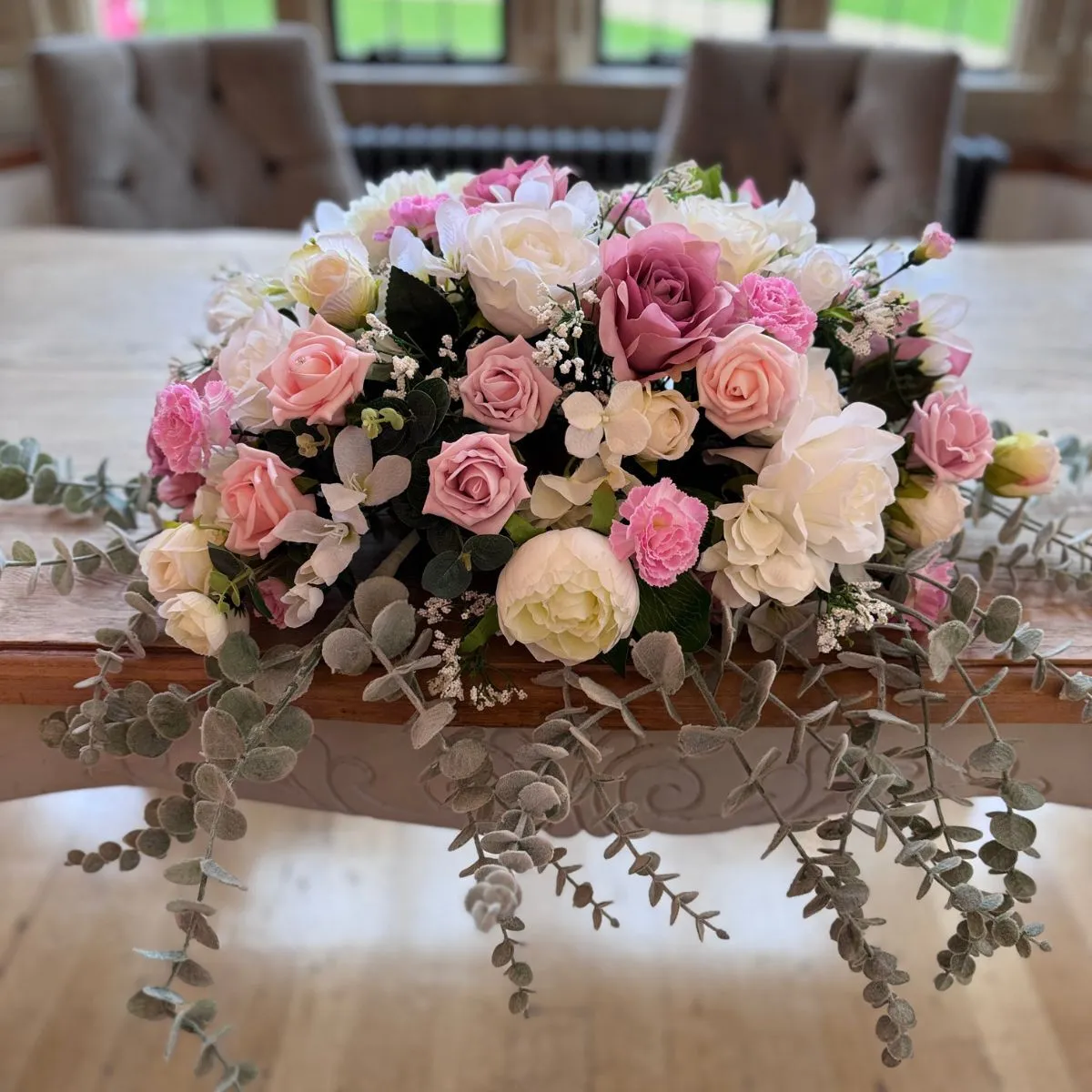 Pink & White Low And Long Flower Arrangement For Hire