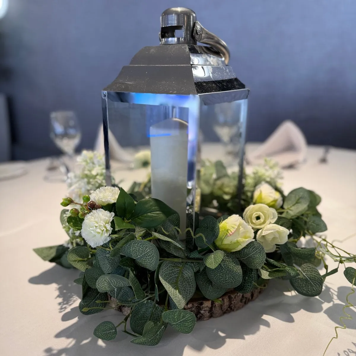 Silver Lantern & White Rose Wreath Centrepiece For Hire
