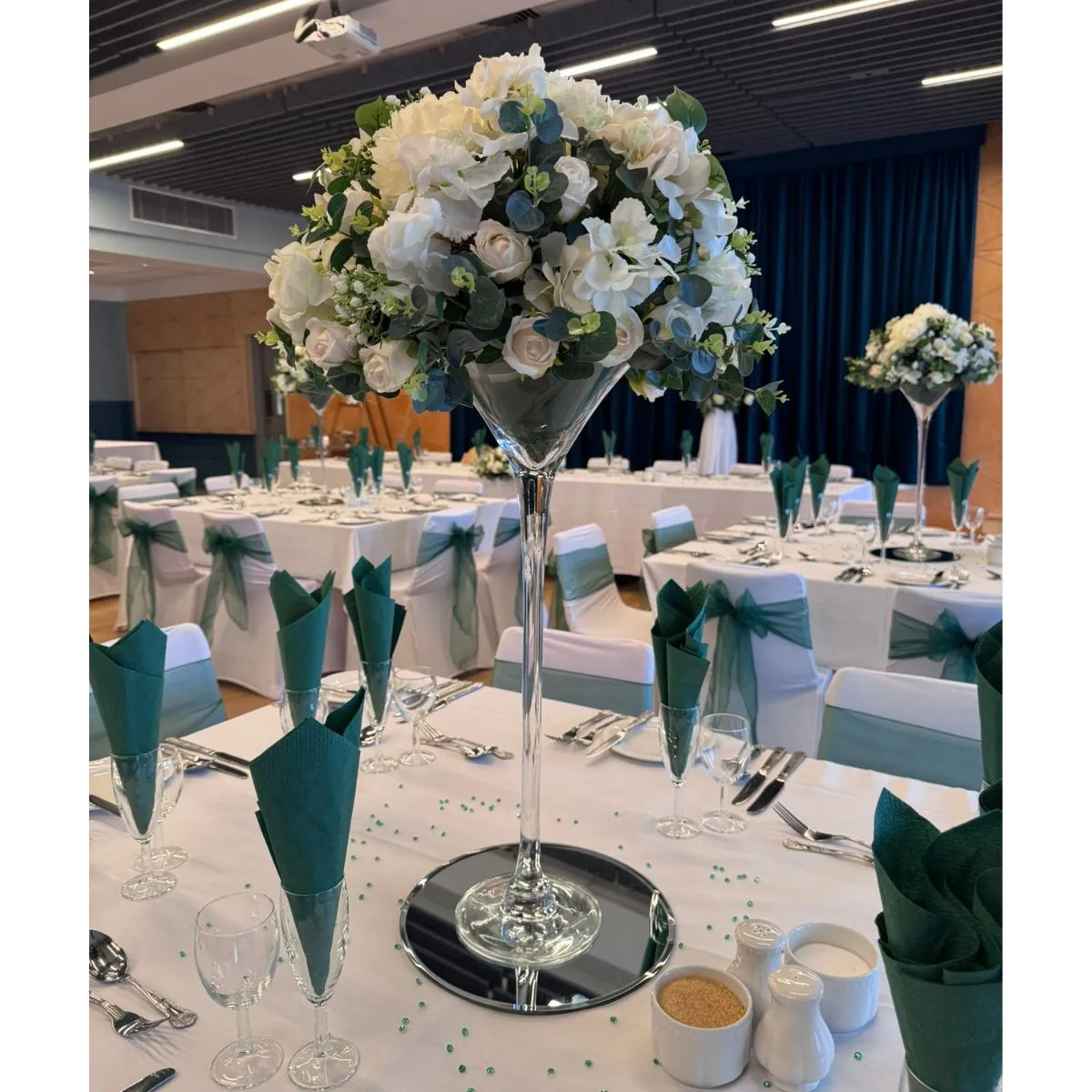 Classic Emerald Green & White Martini Vase Centrepiece For Hire