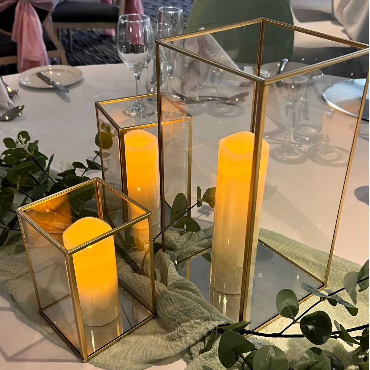  Trio Gold Frame Candle Holder Centrepiece For Hire