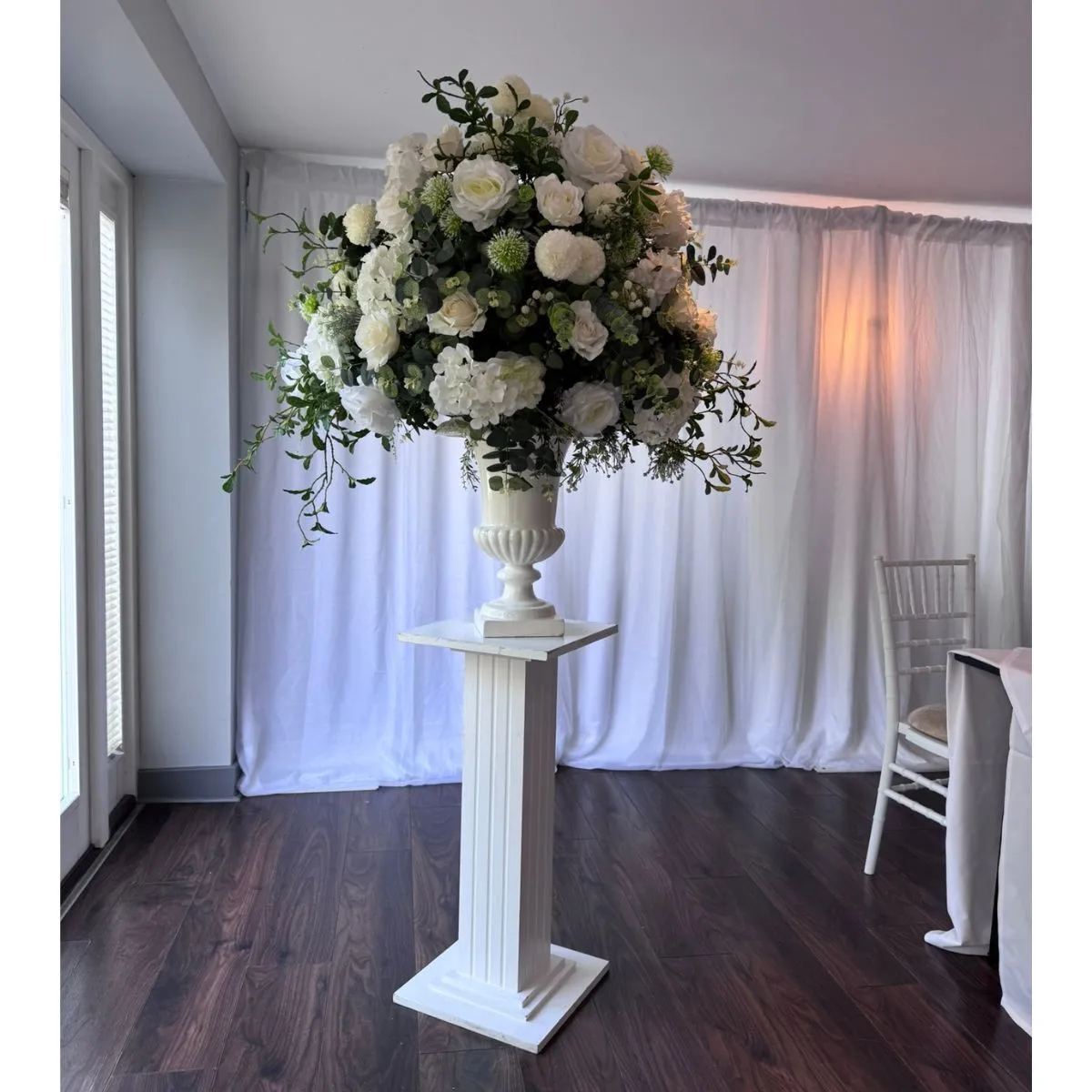 White Urn And Pillar Flower Display For Hire