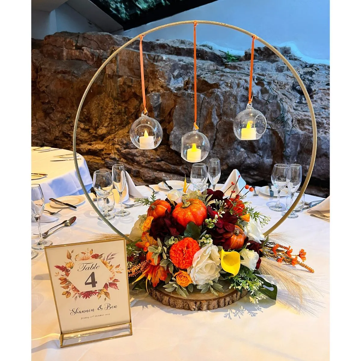 Autumnal Gold Hoop Centrepiece & Personalised Table Numbers For Hire