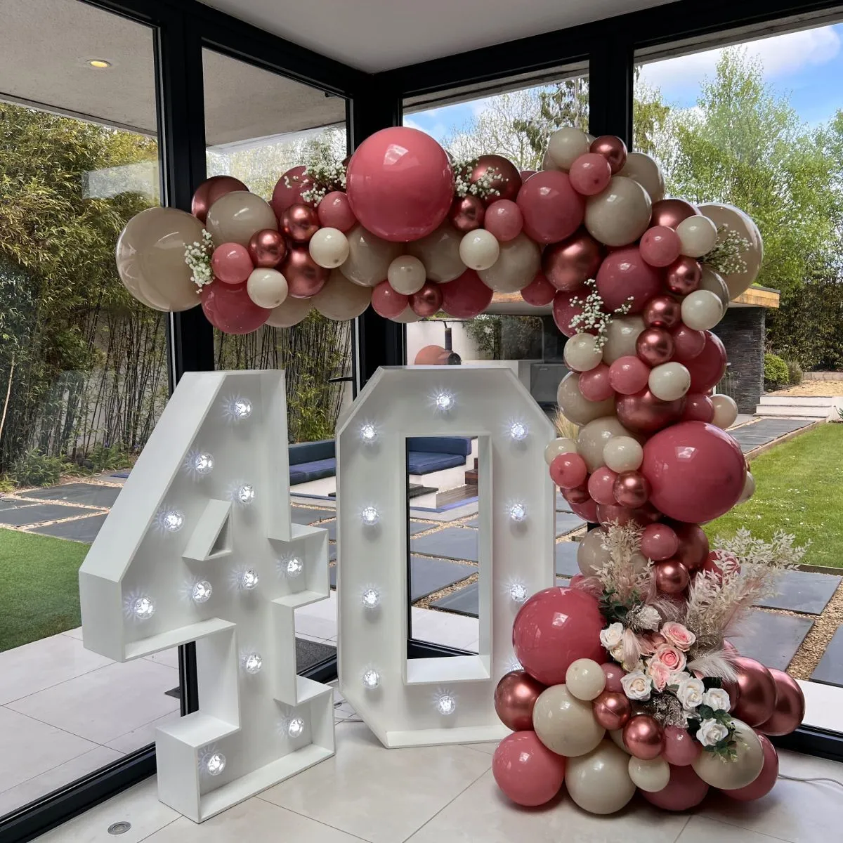 Rosewood & Blush Demi Balloon arch with Double Light up Numbers & Flowers