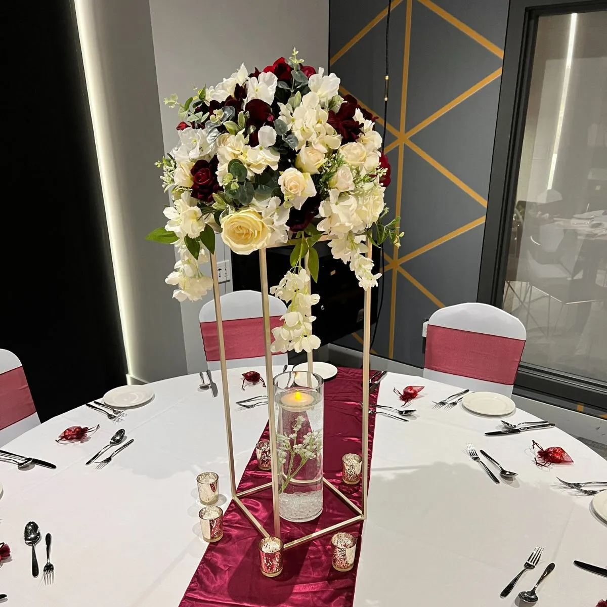 Burgundy Silk Flower & Candle Centrepiece For Hire