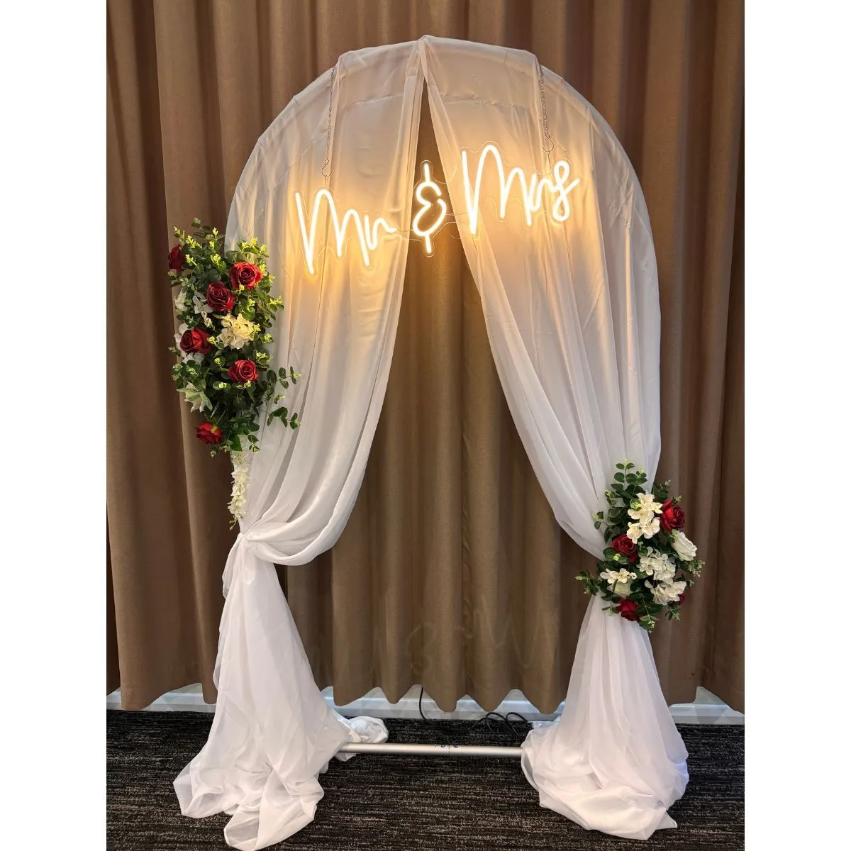 White And Red Mr & Mrs Flower Draped Arch For Hire