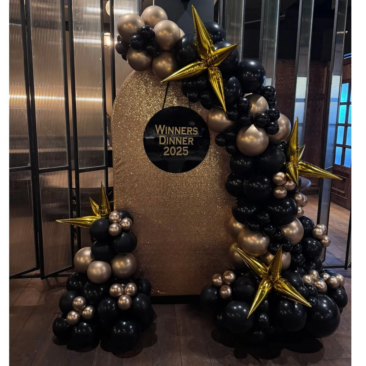 Black & Gold Balloon Arch Backdrop Display For Hire