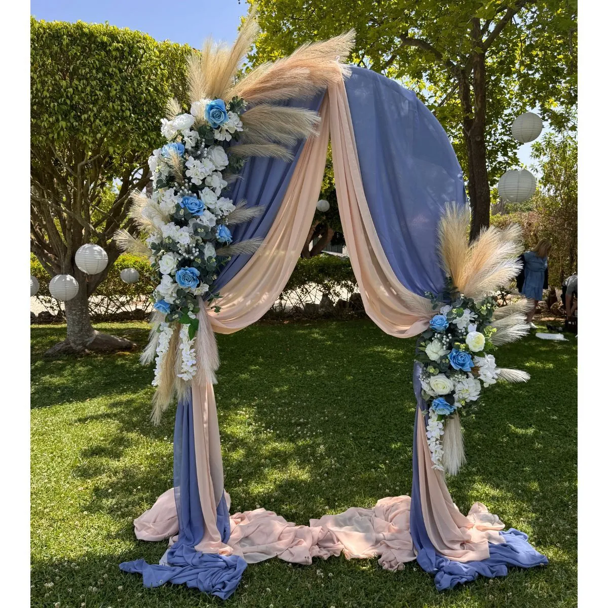 Blue White & Tan Organic Flower And Drape Arch Display For Hire