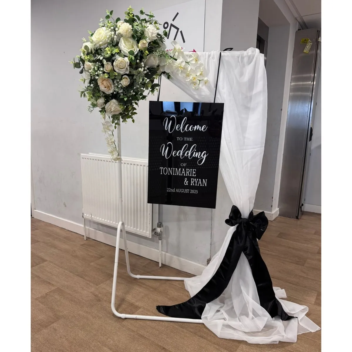 Black & White Draped Personalised Welcome Sign For Hire