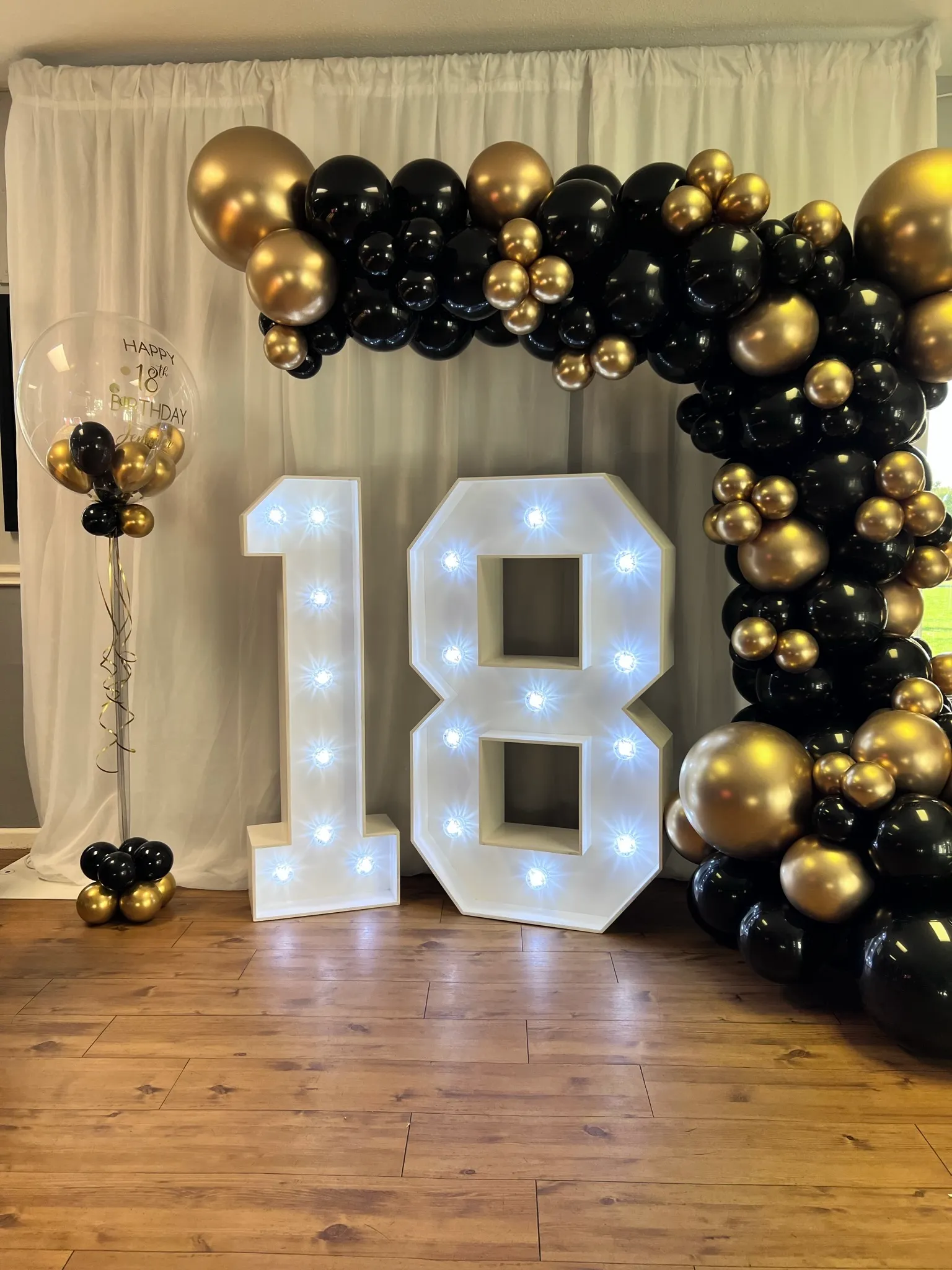 Black and Gold Demi Balloon Arch with Double Light Up Numbers