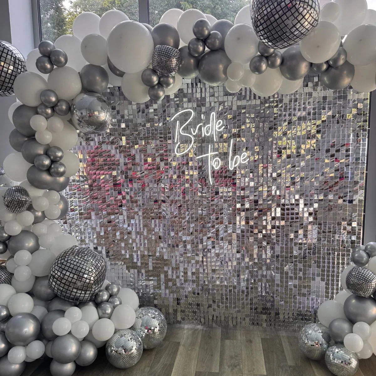 Bride To Be Silver Sequin Backdrop & Balloons