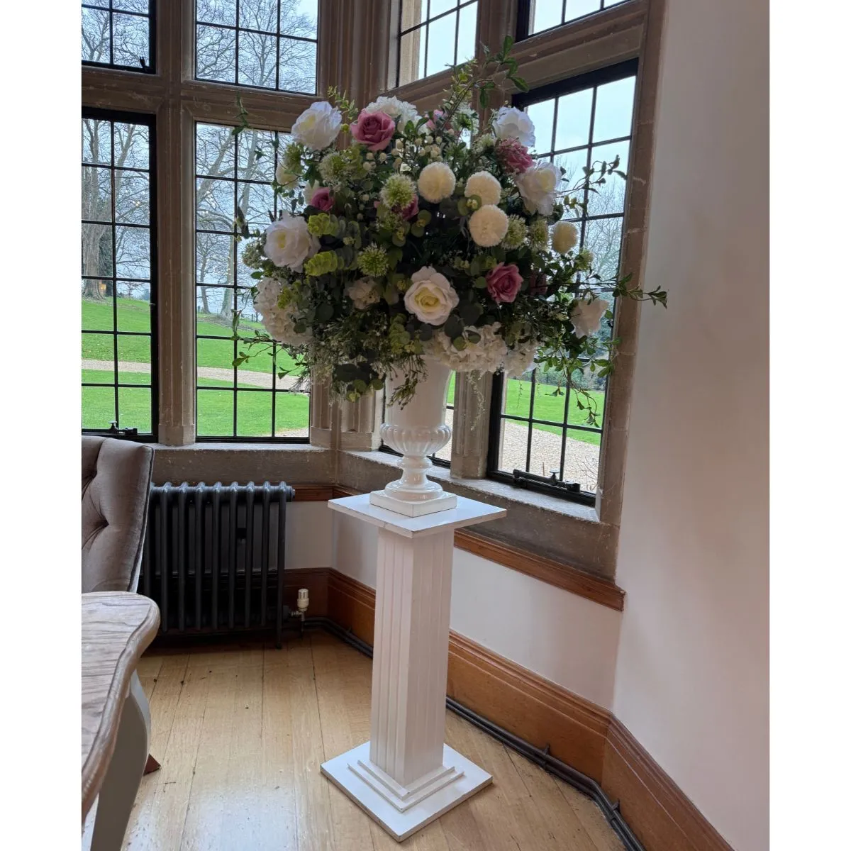 Dusky Pink & White Urn Pillar Flower Display For Hire