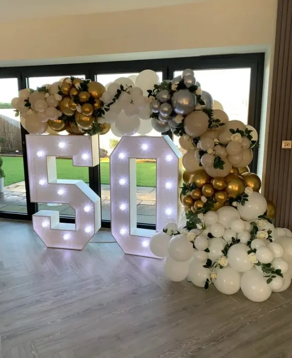 White & Gold Demi Balloon Arch with Double Light Up Numbers