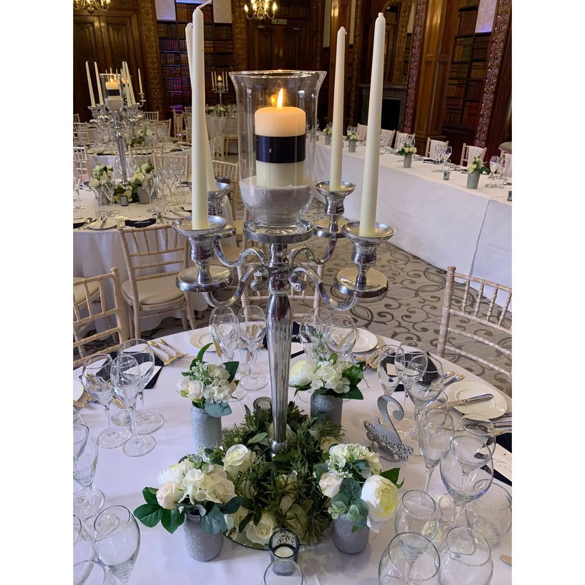 Silver Candelabra Flower Centerpiece For Hire