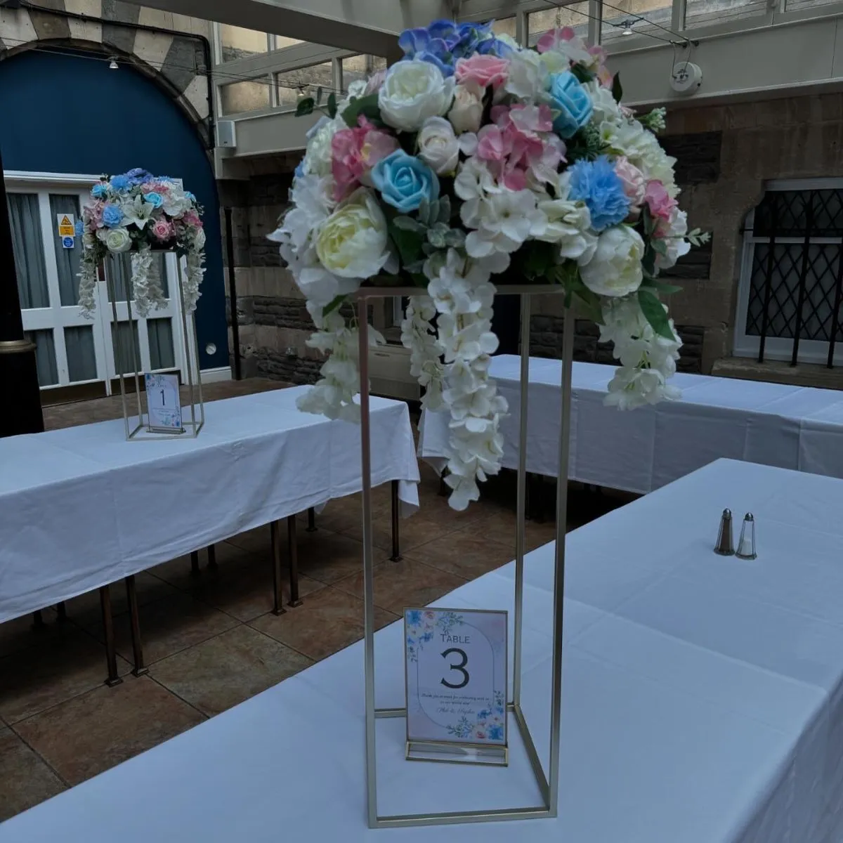 Pink, Blue & Gold Silk Flower Centrepiece & Table Number For Hire