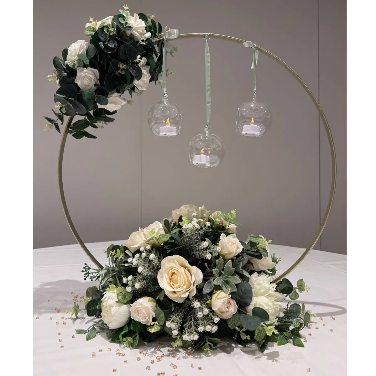 Gold Hoop Flower Centrepiece With Baubles For Hire