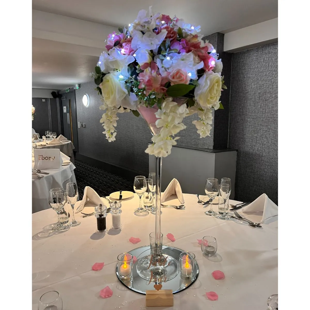 Pink & White Martini Glass Flower Centrepiece For Hire