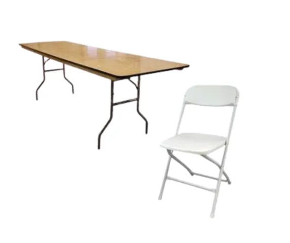 6 Ft Wood/Plastic Table w/ 6 White Floding Chairs Bundle