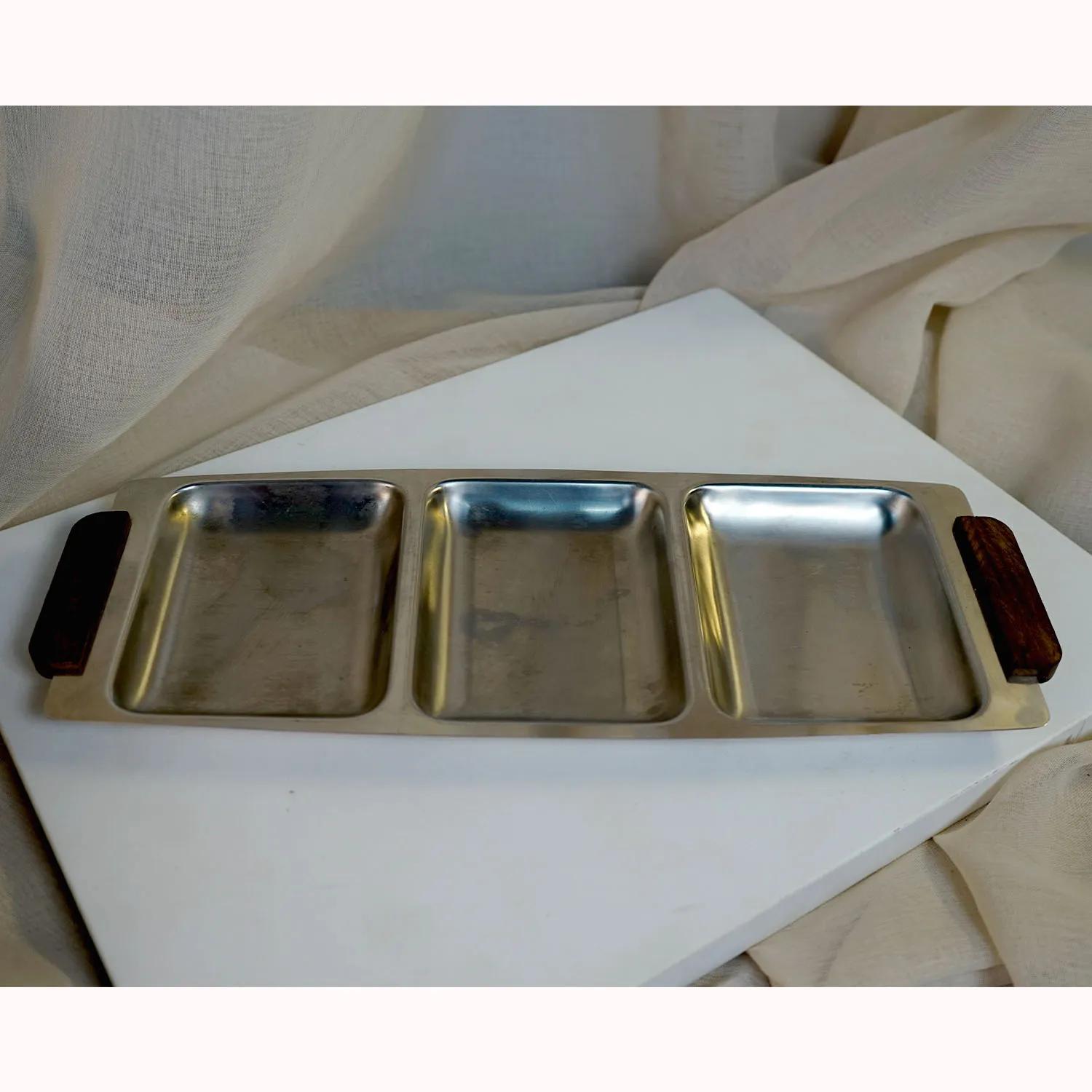 Rectangular 3 compartment Stainless Steel Tray with Wooden Handles