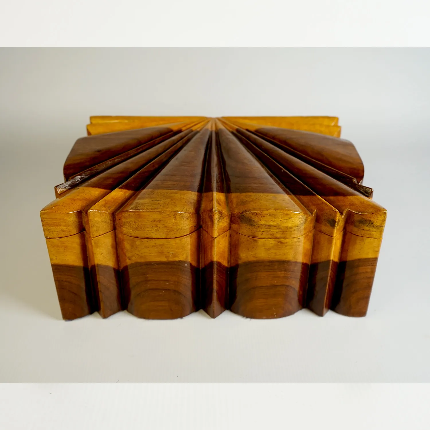 Carved Wooden Box with Blue Velvet Interior 