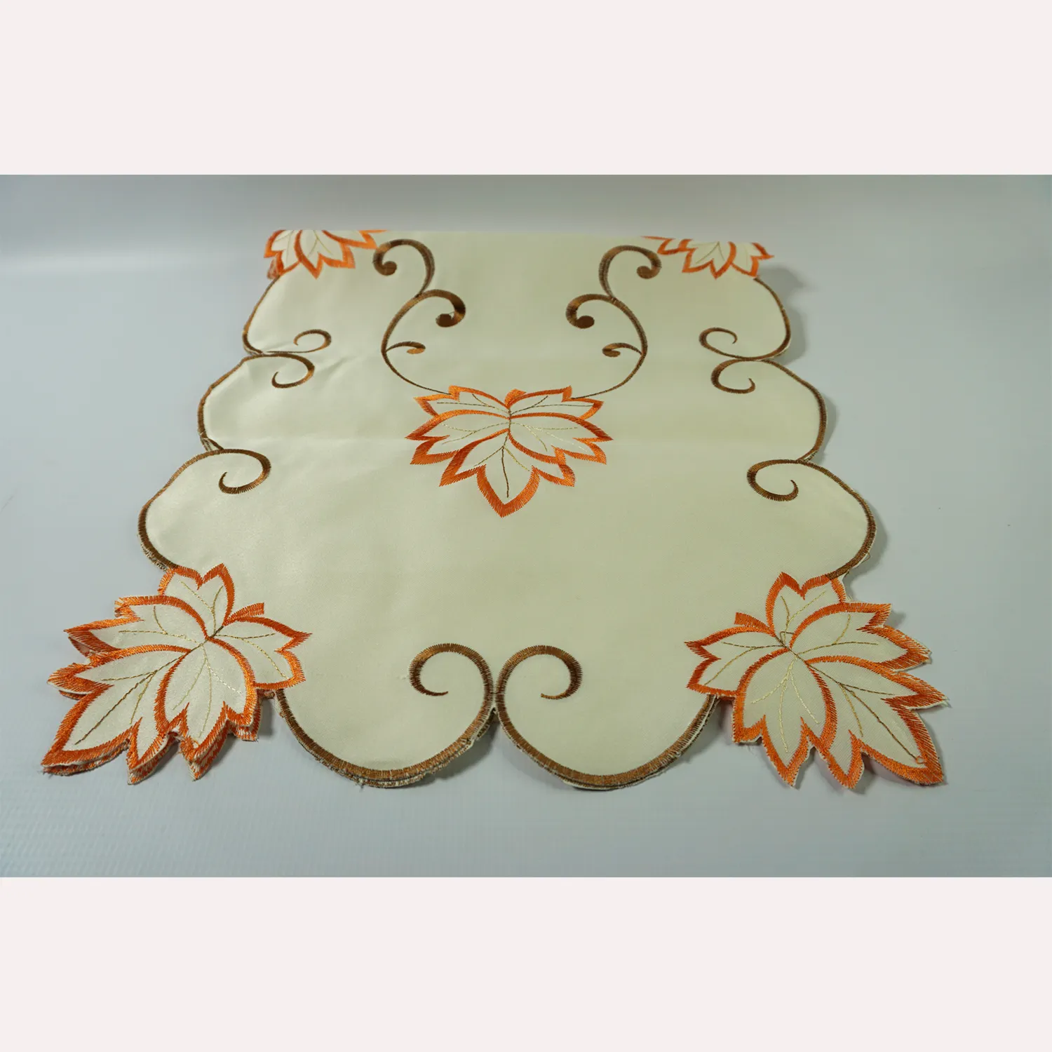 Embroidered Table Runner, White, Brown and Orange