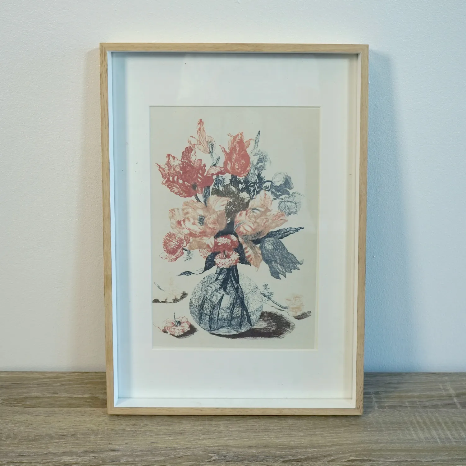 Light Wood Frame with pink and blue flowers, royalty free