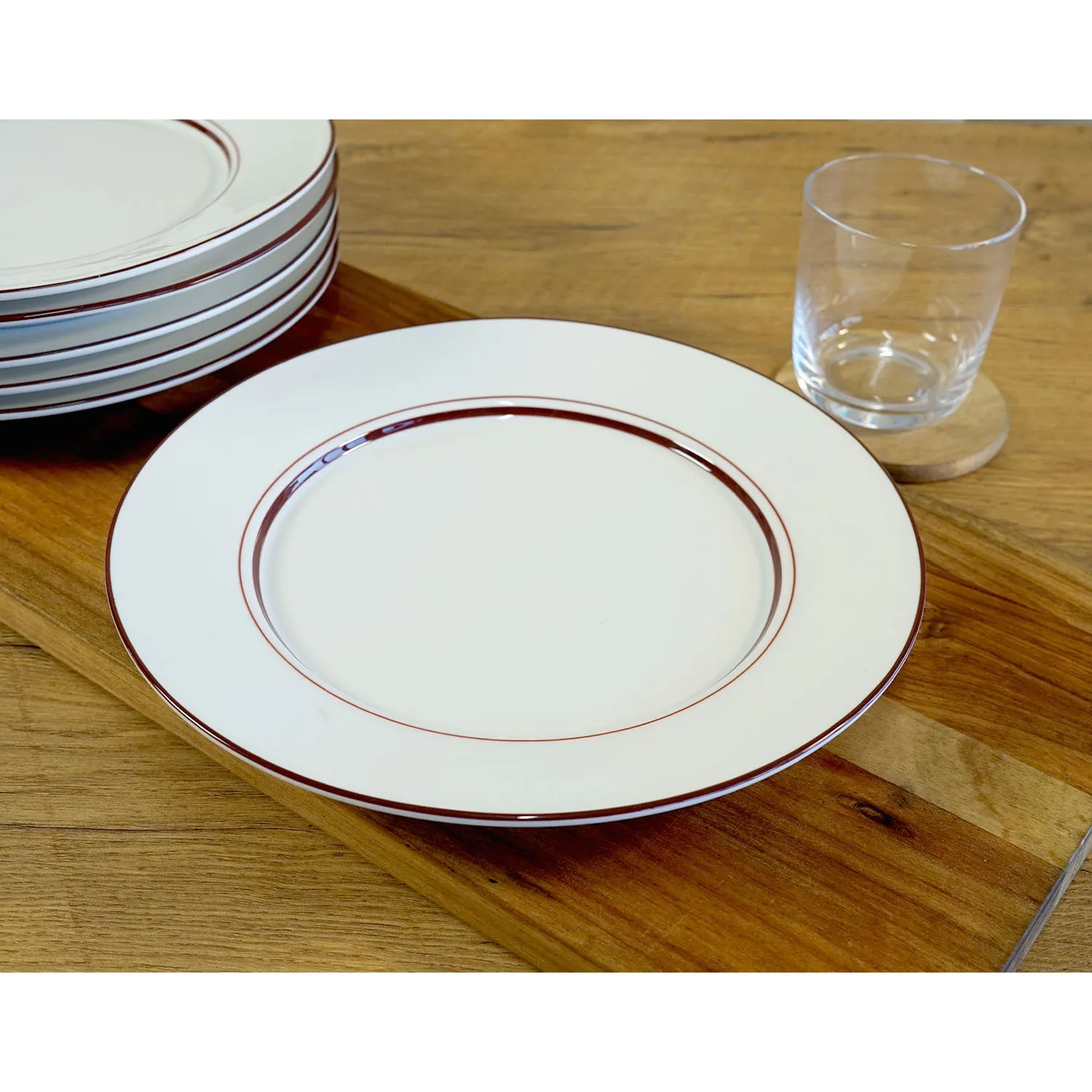 @Home White Dinner Plate with Red Trim