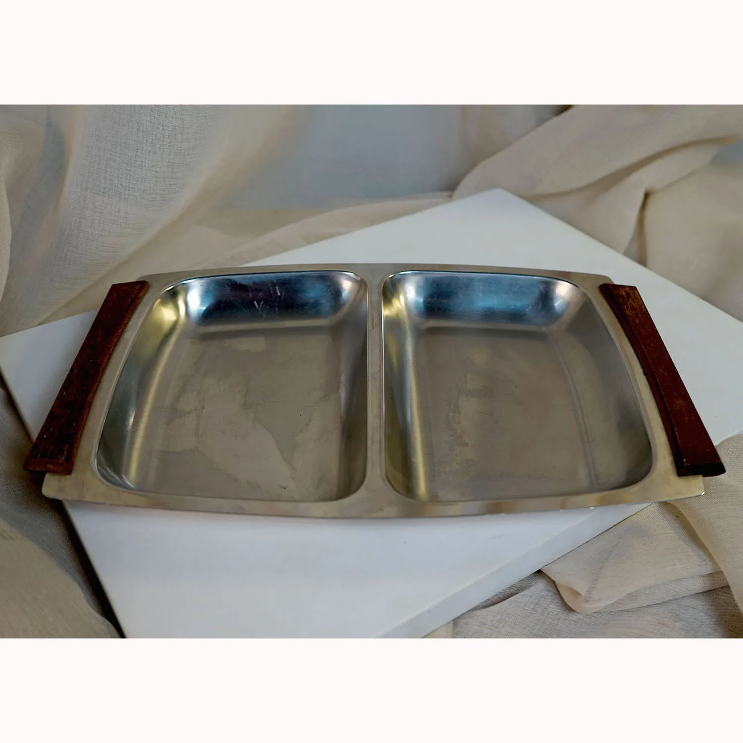 Rectangular 2 compartment Stainless Steel Tray with Wooden Handles