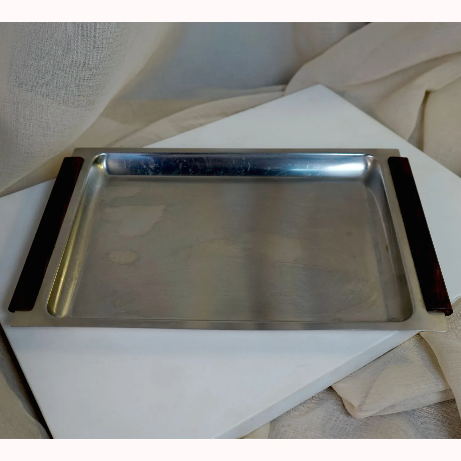 Rectangular Stainless Steel Tray with Wooden Handles