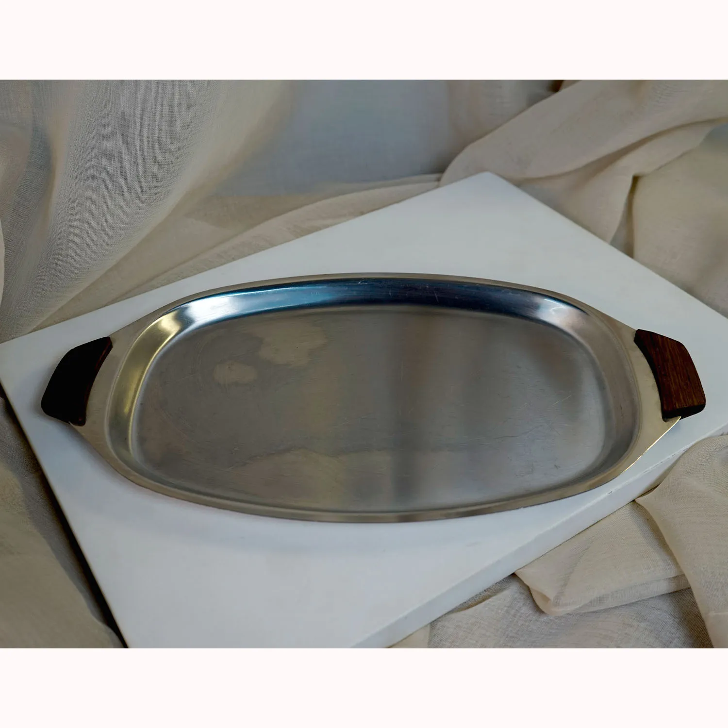Oval Stainless Steel Tray with Wooden Handles