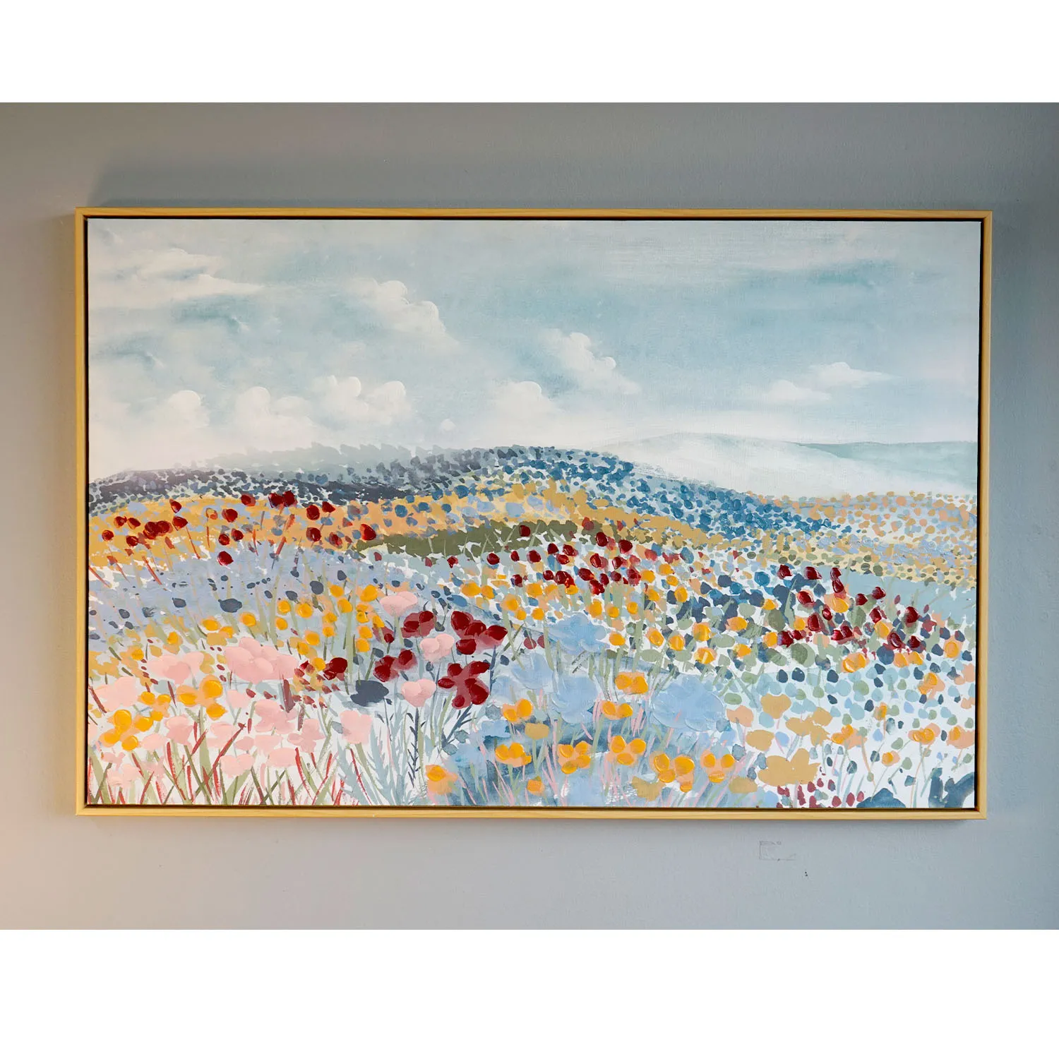 Blues, pinks and ochre's Landscape with wooden frame