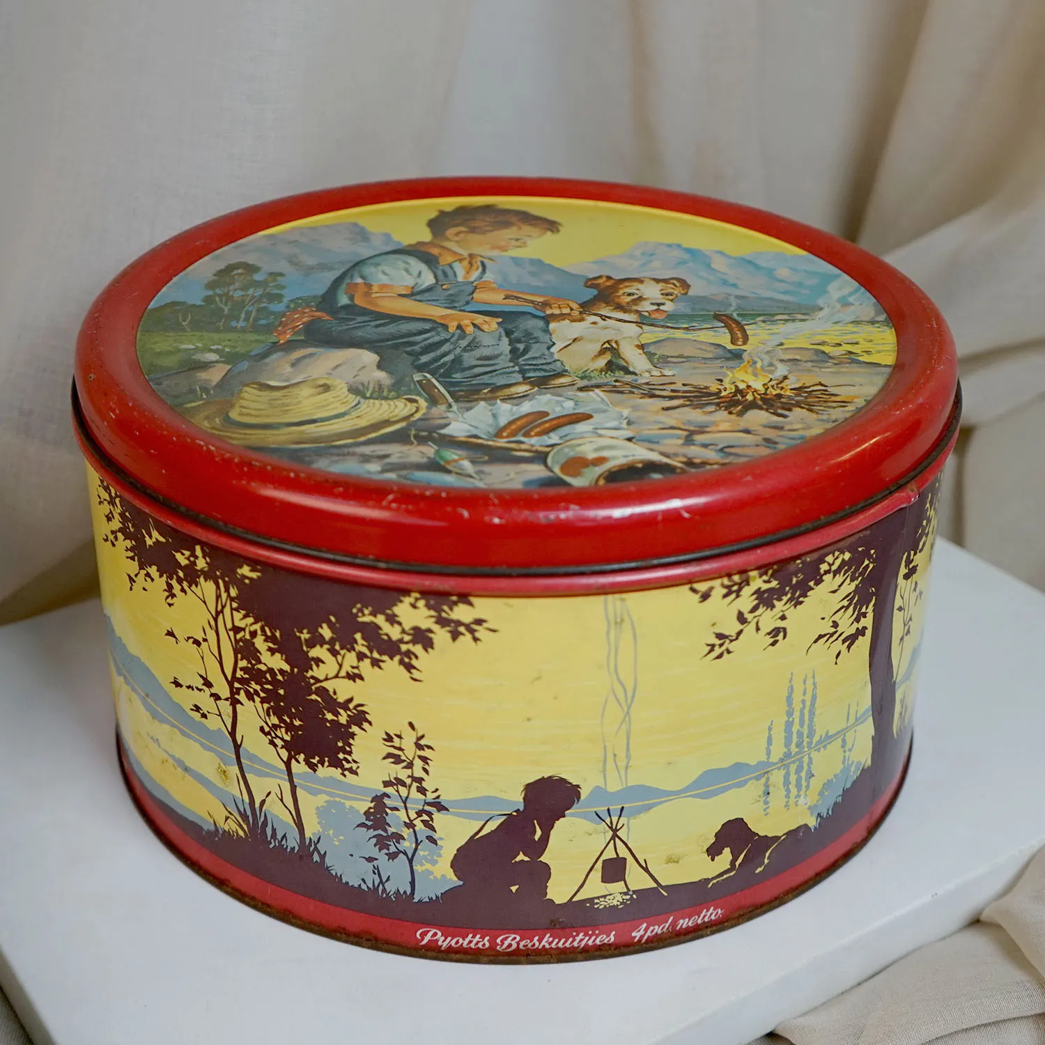 Large Vintage Red and Yellow Tin