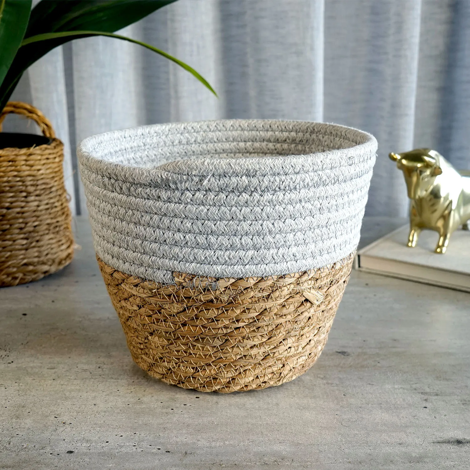 Grey Rope and Grass Planter