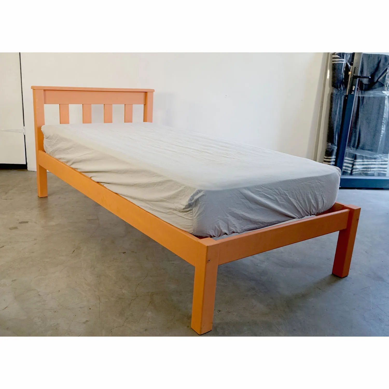 Peach Wood Single Bed and Mattress 