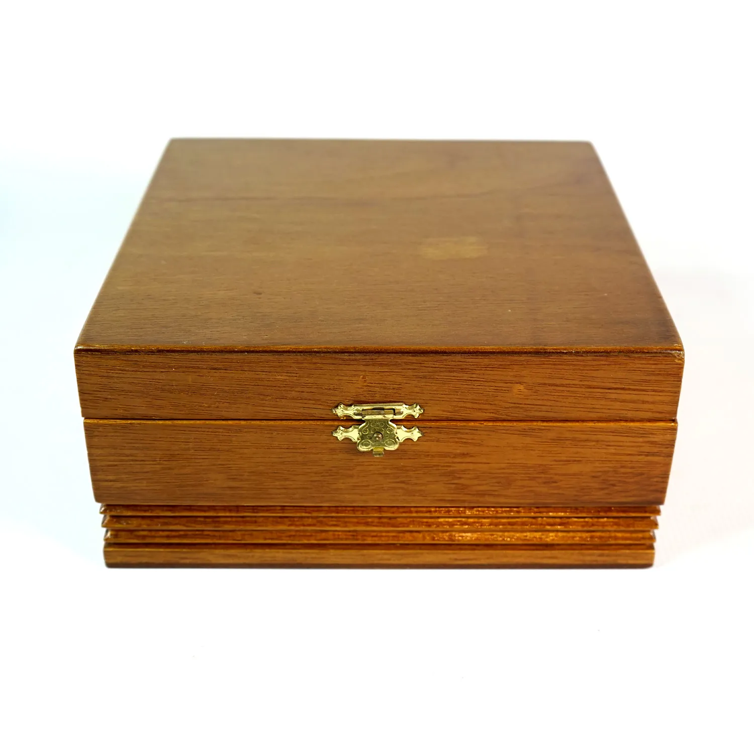 Square Wooden Jewellery Box with Brown Brocade Interior