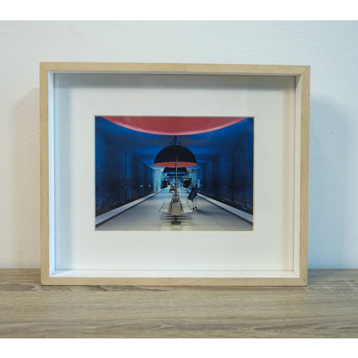 Light Wood Frame with royalty free artwork of a subway in Munich, Glass cover