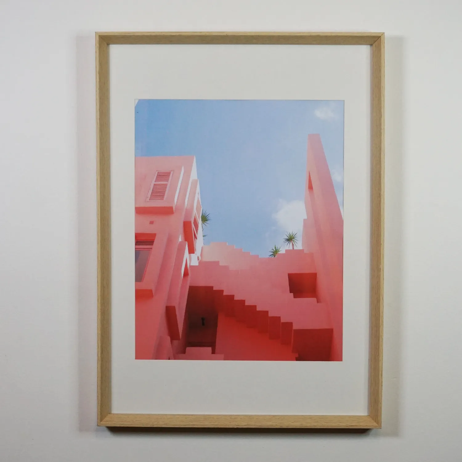 Pink building print, royalty free, framed with glass