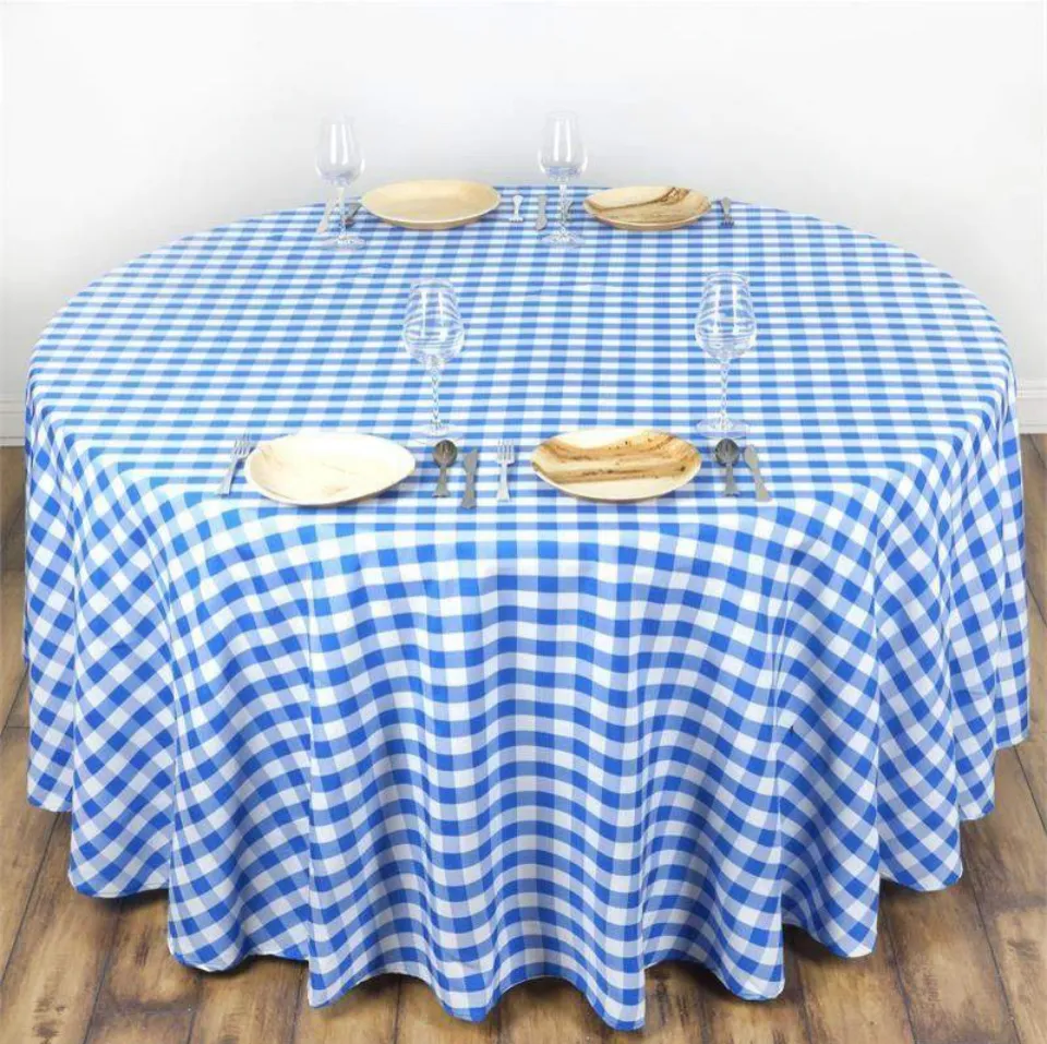blue checkered round linen 120
