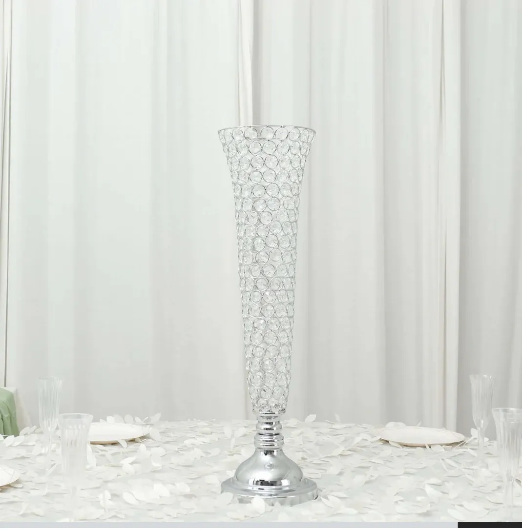 Silver Metal, Crystal Beaded Trumpet Vase 