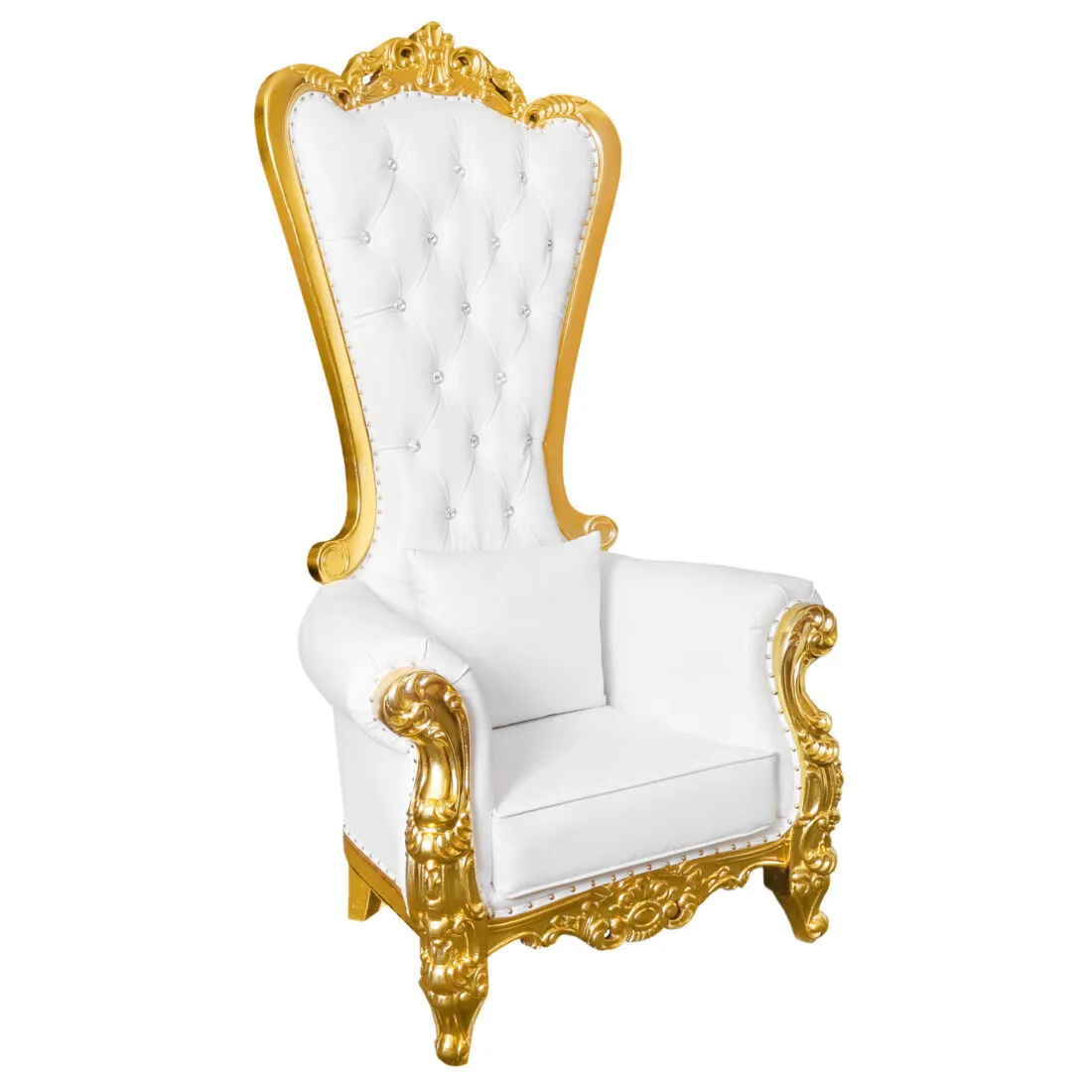 Throne Chair, Wood, Gold Frame, White Vinyl Cushions