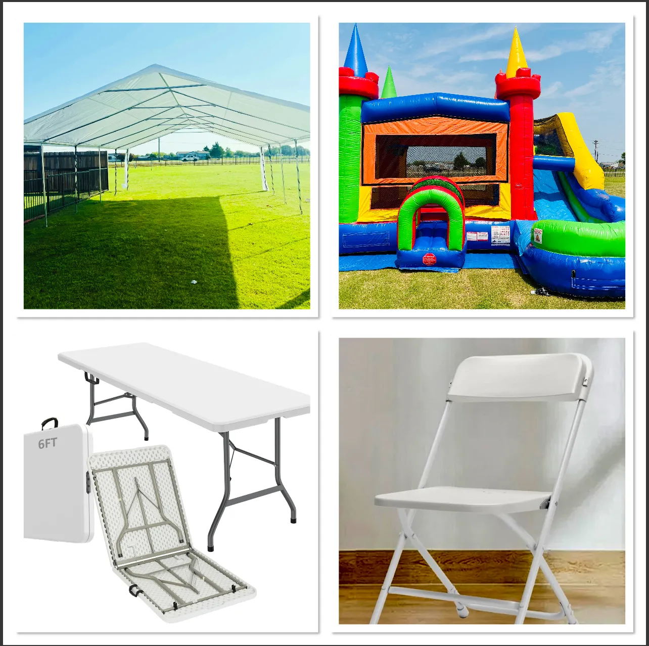 Epic Bundle: Bounce House/Slide Combo, 20x30 Tent, (4)-6 Ft square Tables, (24)-white Folding Chairs