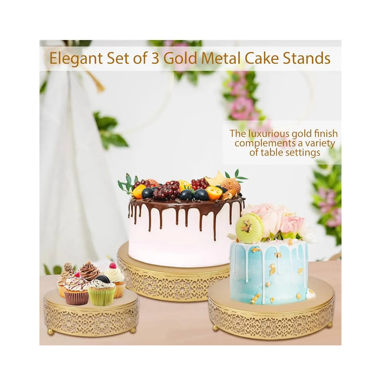 Set of 3 Elegant Gold Metal Cake Stands
