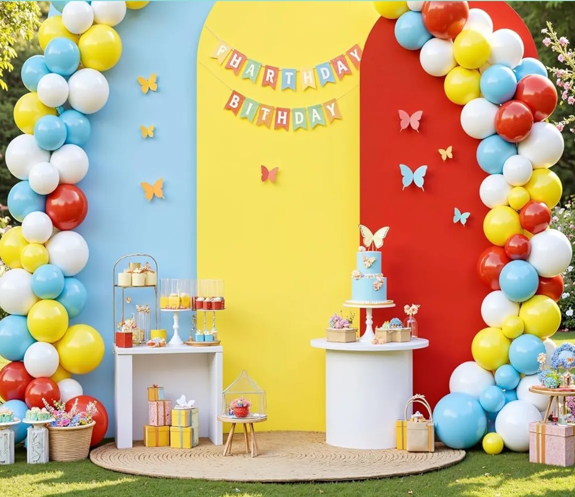 set of 3 arch back drop covers red, yellow, blue 7.2 ft,6.6 ft, 5.9 ft...ballons and decor not included