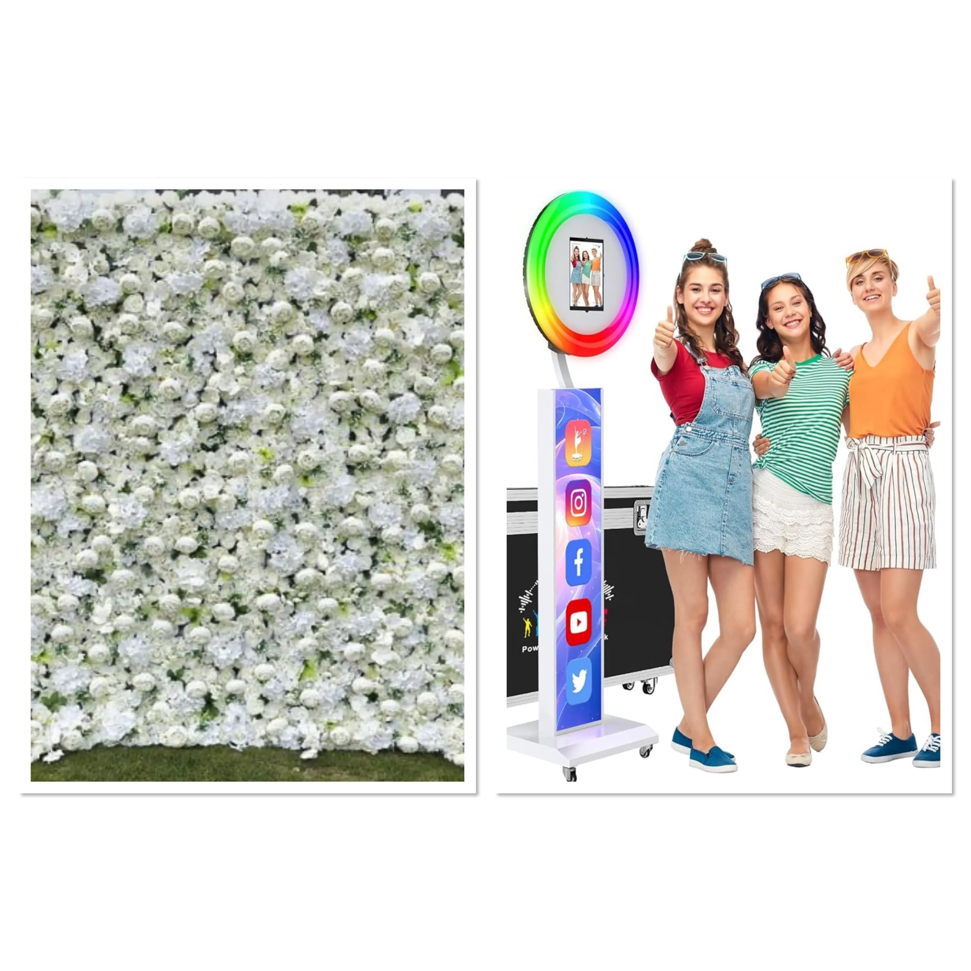 Premier Bundle: Photo Booth with White Flower Wall and Backdrop Stand