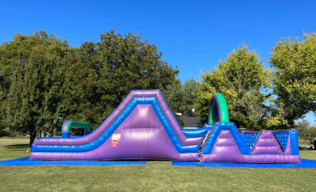 Inflatable 52 foot dry obstacle course slide combo, purple blue