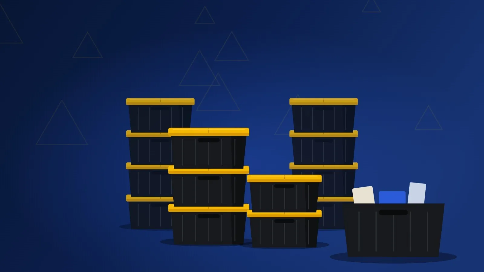 Stacks of black moving totes with yellow lids