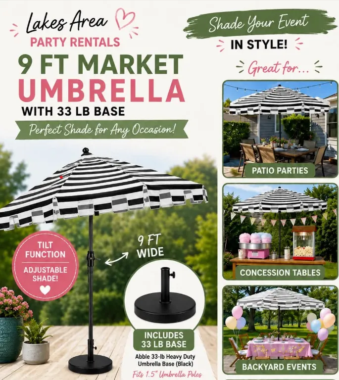 9' Black & White Striped Market Umbrella with Base