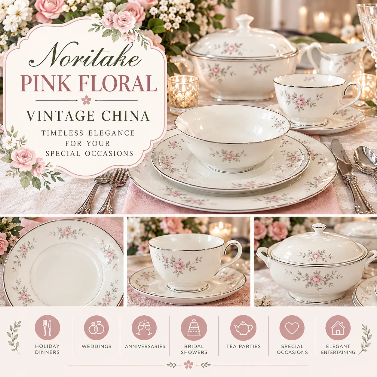 Noritake Pink Floral Vintage China Place Setting