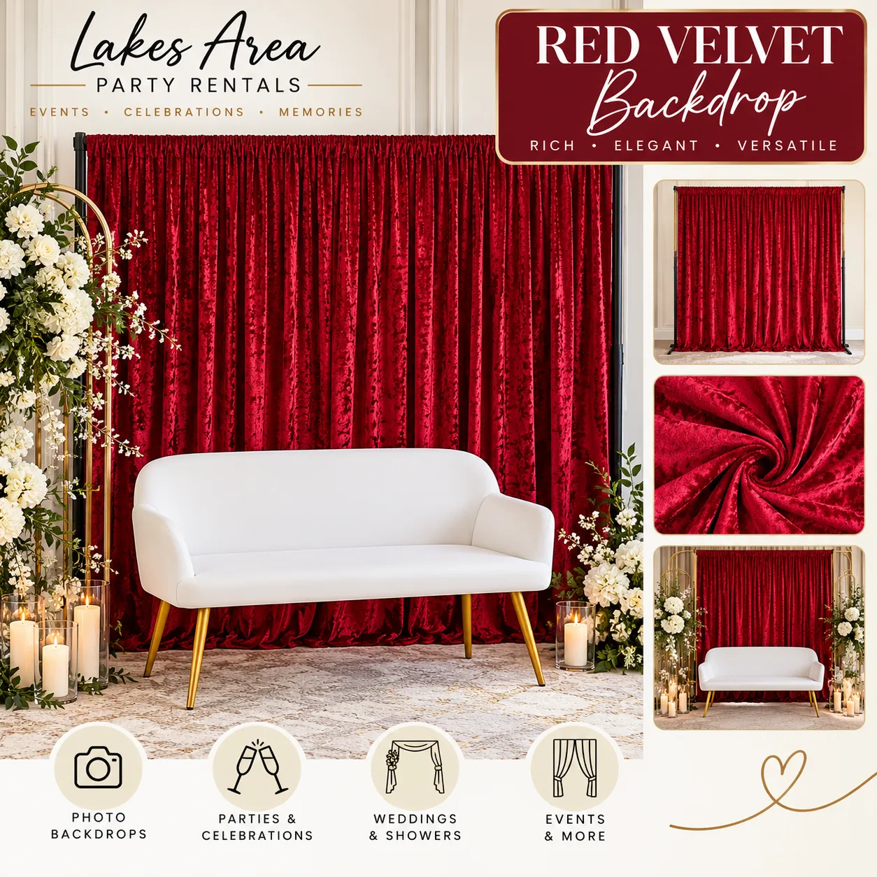 Red Velvet Backdrop + Event Bench Package