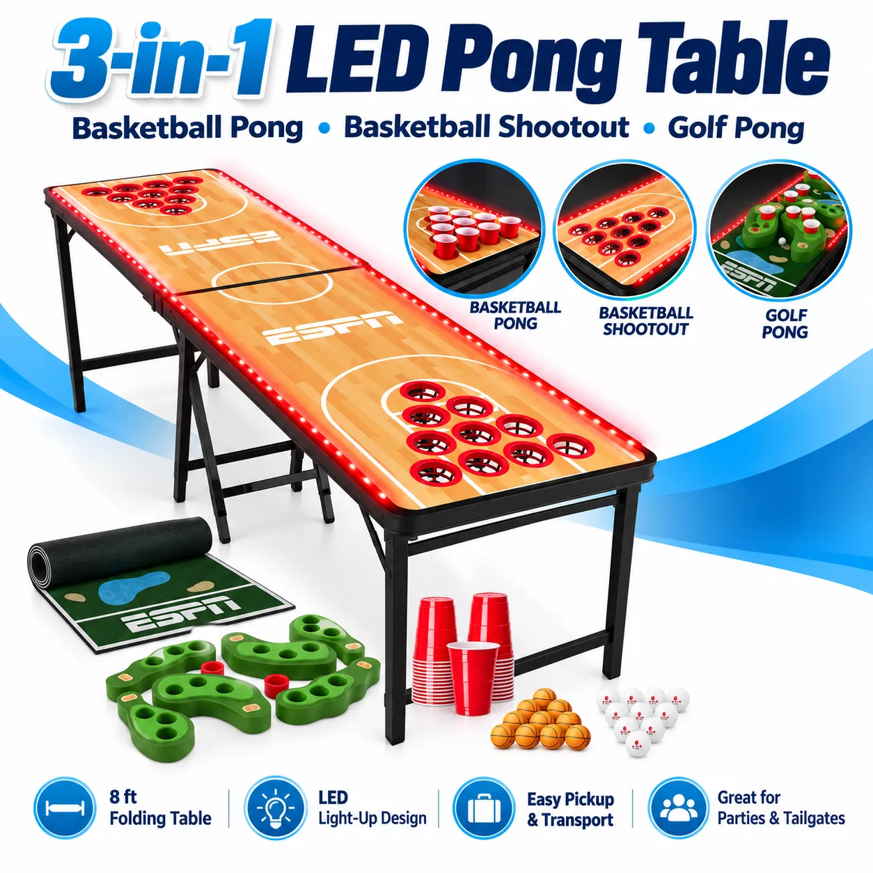 ESPN 3-in-1 LED Light-Up Pong Table – Basketball & Golf Games