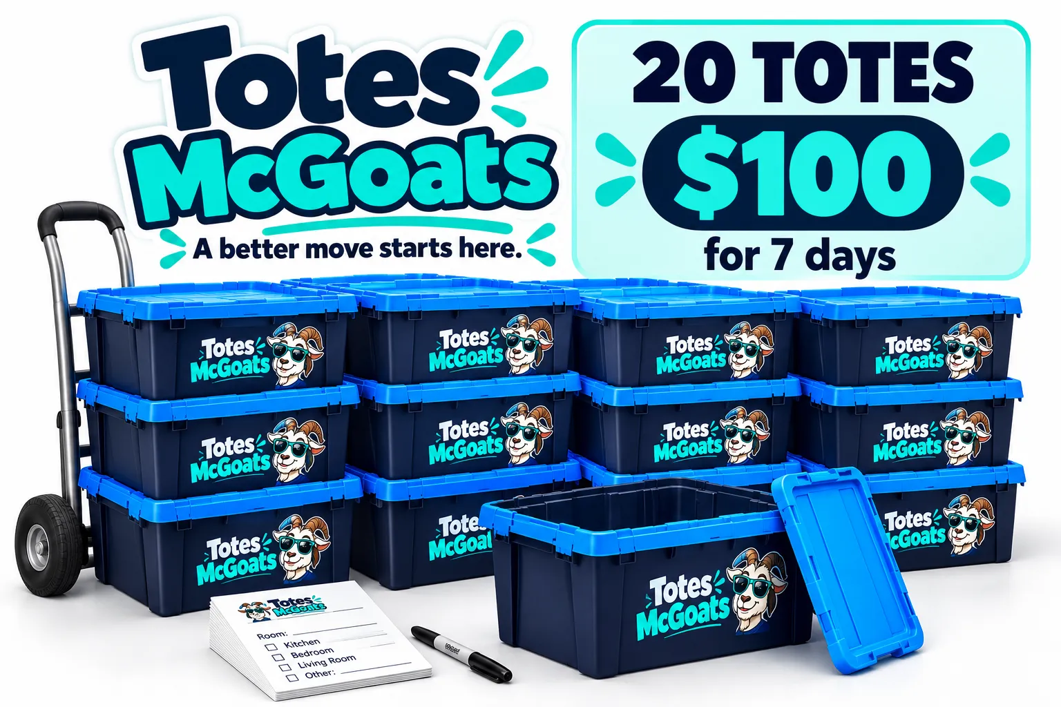 20-Tote Moving Package — $100 for 7 days.